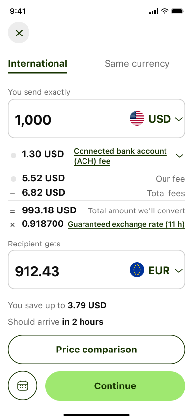Send money — step 3, Wise (iOS sample screen)