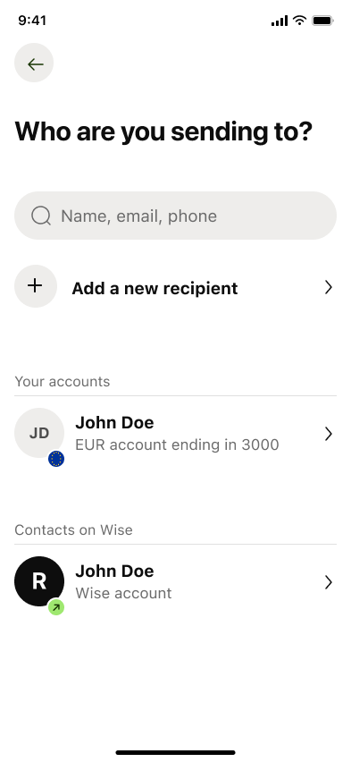 Send money — step 2, Wise (iOS sample screen)