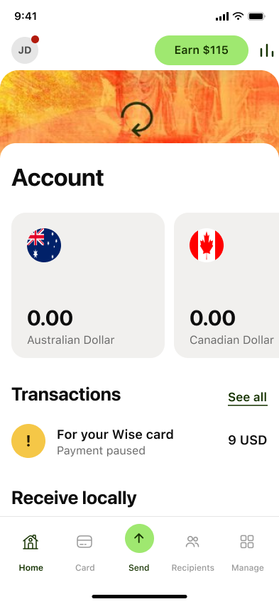 Send money — step 1, Wise (iOS sample screen)