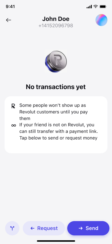 Send money — step 2, Revolut (iOS sample screen)