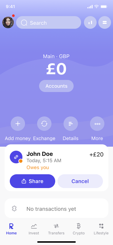 Send money — step 1, Revolut (iOS sample screen)