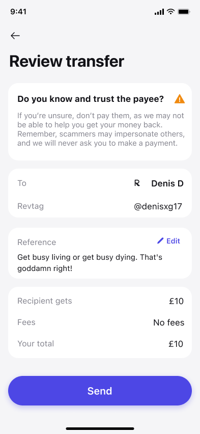 Send money — step 4, Revolut (iOS sample screen)
