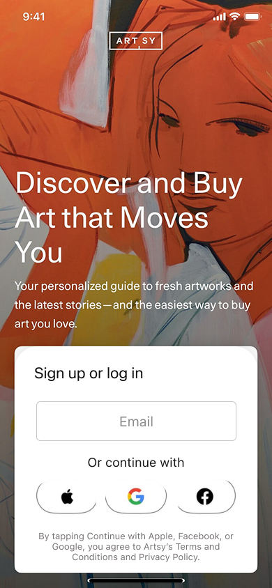 Onboarding - Sign up — step 1, Artsy (iOS sample screen)