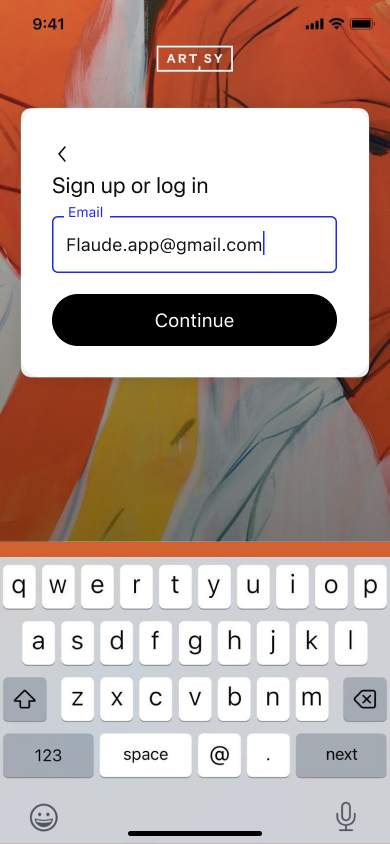 Onboarding - Sign up — step 2, Artsy (iOS sample screen)