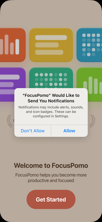 Onboarding Welcome Screens — step 2, FocusPomo (iOS sample screen)