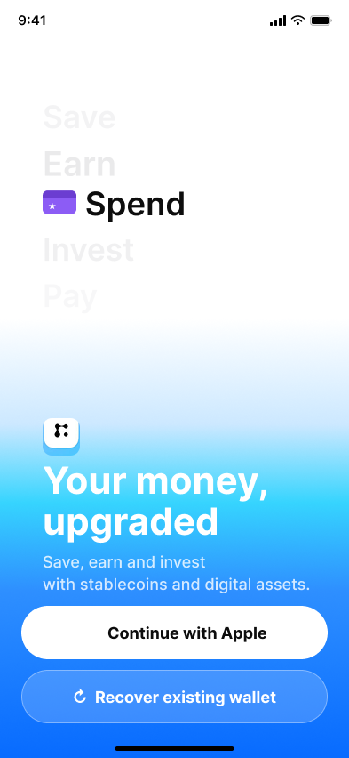 Onboarding - setting up a wallet — step 1, Fuse (iOS sample screen)