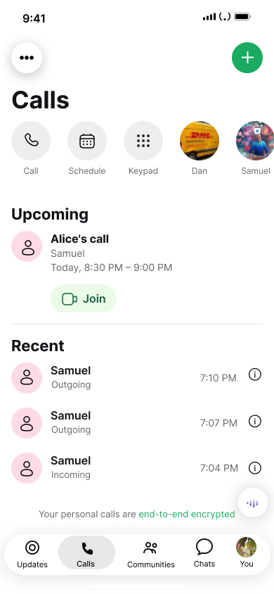 Share a call link — step 1, WhatsApp (iOS sample screen)