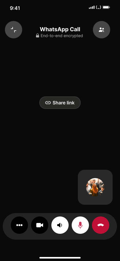 Share a call link — step 3, WhatsApp (iOS sample screen)