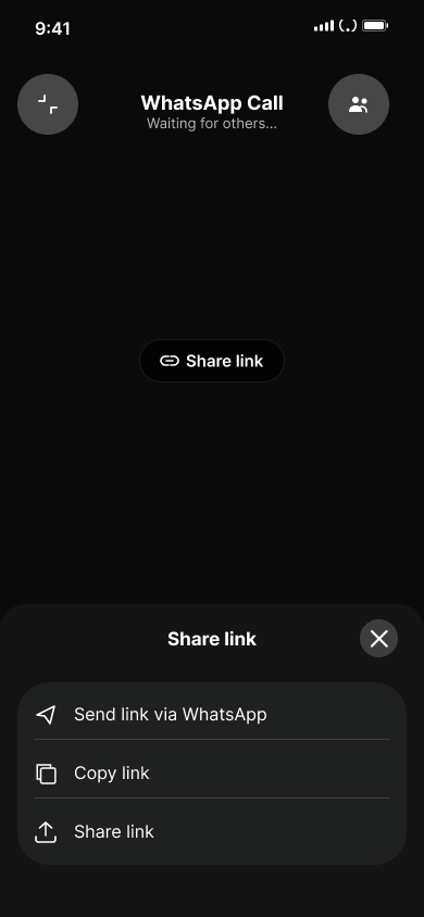 Share a call link — step 4, WhatsApp (iOS sample screen)