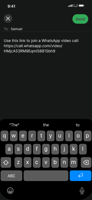 Share a call link — step 5, WhatsApp (iOS sample screen)