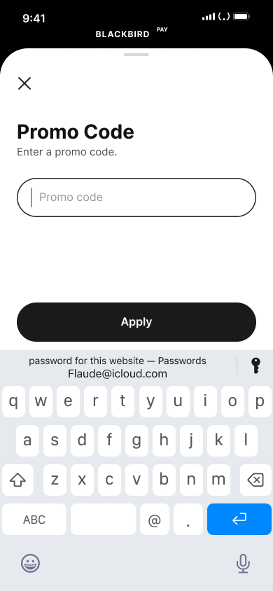 Redeem a promo code — step 2, Blackbird (iOS sample screen)