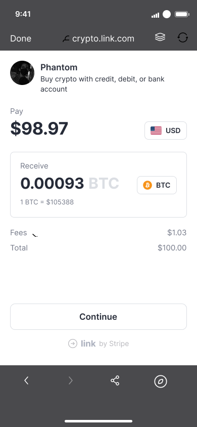 Buy crypto — step 10, Phantom (iOS sample screen)
