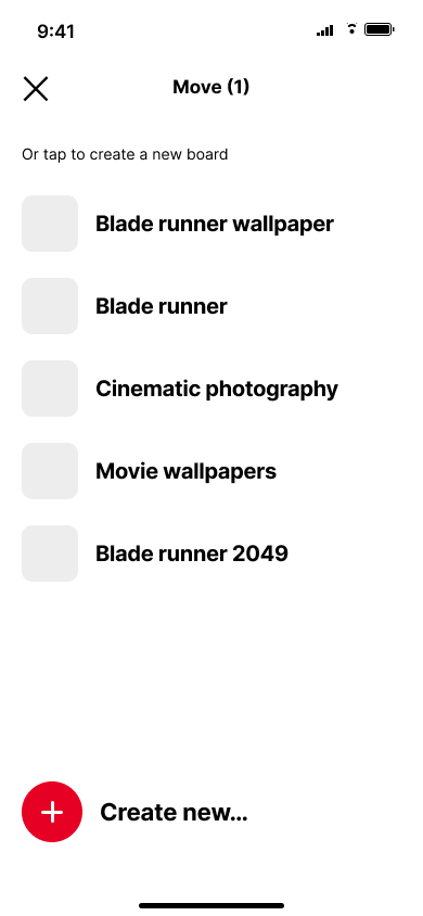 Create a collaborative board — step 1, Pinterest (iOS sample screen)
