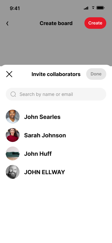 Create a collaborative board — step 5, Pinterest (iOS sample screen)
