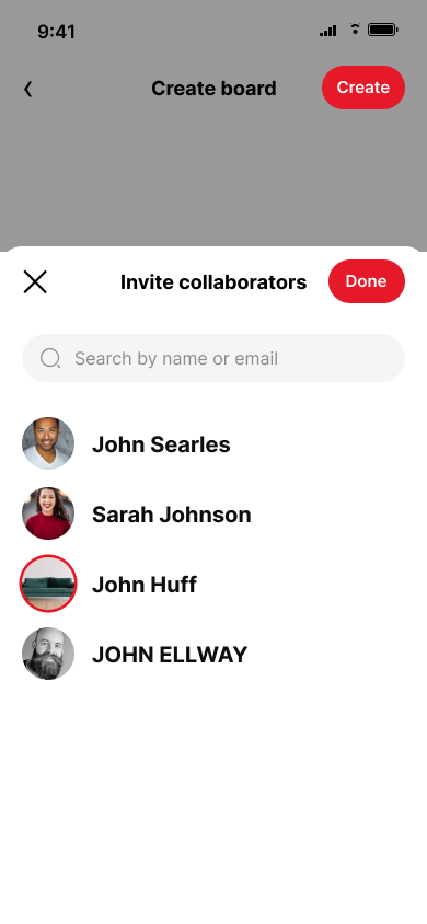 Create a collaborative board — step 6, Pinterest (iOS sample screen)