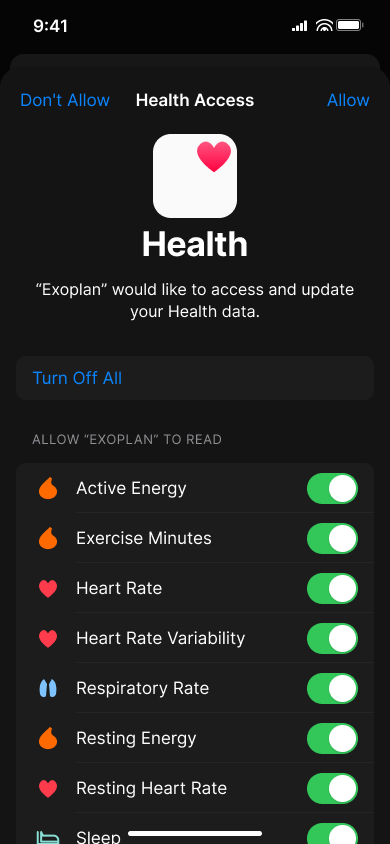 Permissions onboarding — step 3, Exoplan (iOS sample screen)