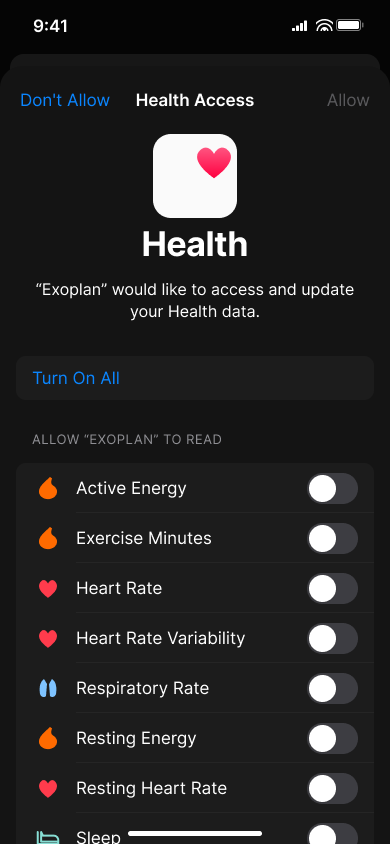 Permissions onboarding — step 2, Exoplan (iOS sample screen)