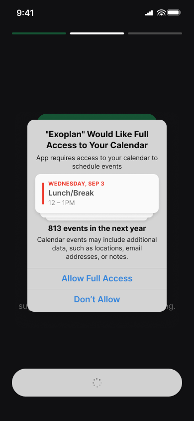 Permissions onboarding — step 5, Exoplan (iOS sample screen)