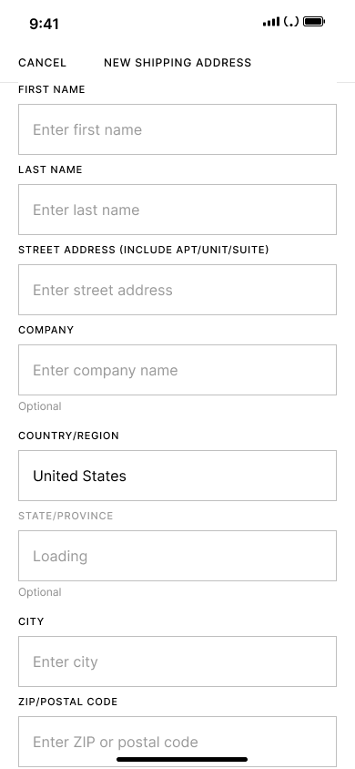 Checkout - add shipping address — step 2, Ssense (iOS sample screen)