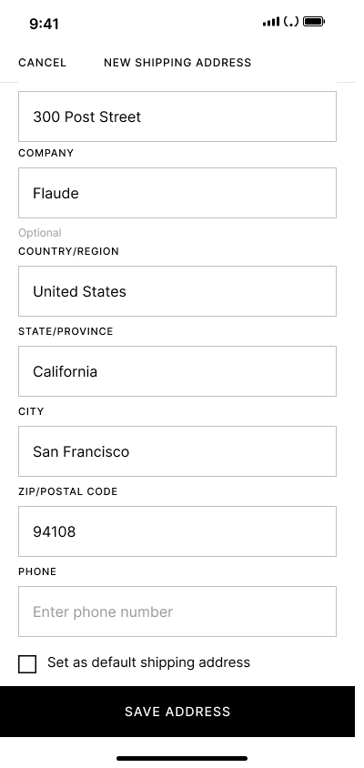 Checkout - add shipping address — step 5, Ssense (iOS sample screen)
