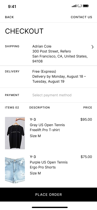 Checkout - add shipping address — step 1, Ssense (iOS sample screen)