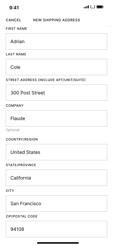 Checkout - add shipping address — step 4, Ssense (iOS sample screen)