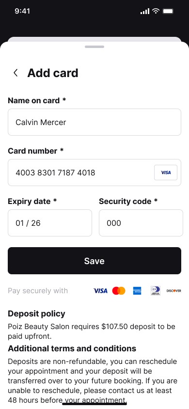Booking checkout - add card — step 4, Fresha (iOS sample screen)