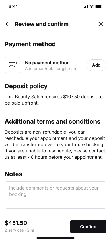 Booking checkout - add card — step 1, Fresha (iOS sample screen)
