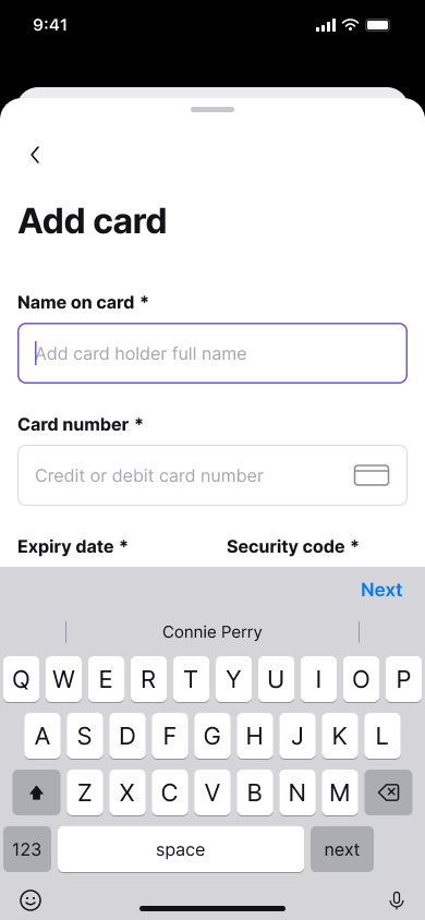 Booking checkout - add card — step 3, Fresha (iOS sample screen)