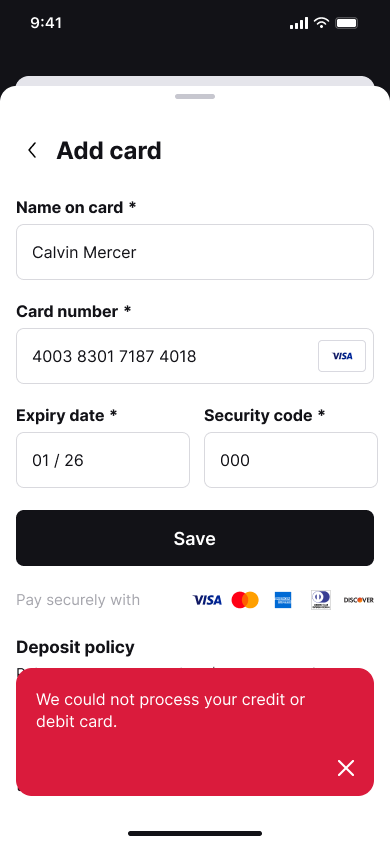Booking checkout - add card — step 5, Fresha (iOS sample screen)