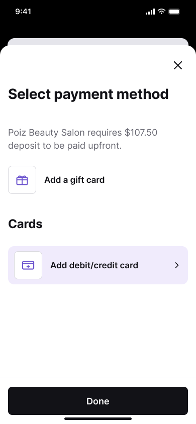 Booking checkout - add card — step 2, Fresha (iOS sample screen)