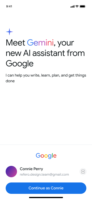 Onboarding — accept AI terms — step 1, Gemini (iOS sample screen)