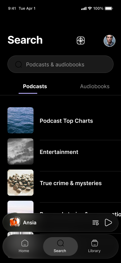 Search for a podcast — step 1, Podimo (iOS sample screen)