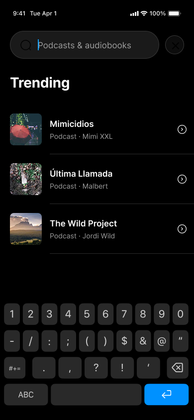 Search for a podcast — step 2, Podimo (iOS sample screen)