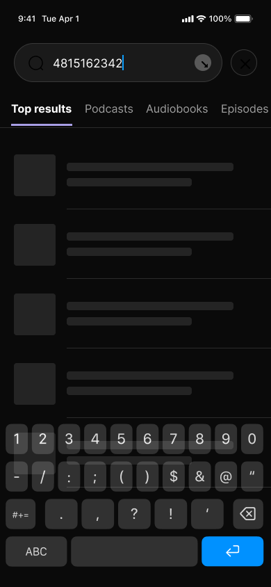 Search for a podcast — step 3, Podimo (iOS sample screen)
