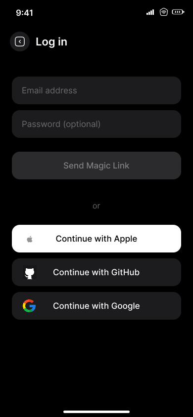 Log in and first run — step 2, Raycast (iOS sample screen)