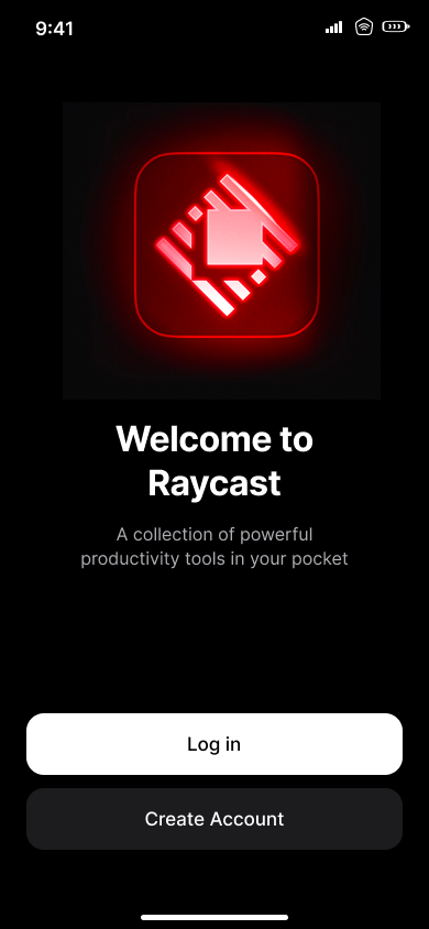 Log in and first run — step 1, Raycast (iOS sample screen)