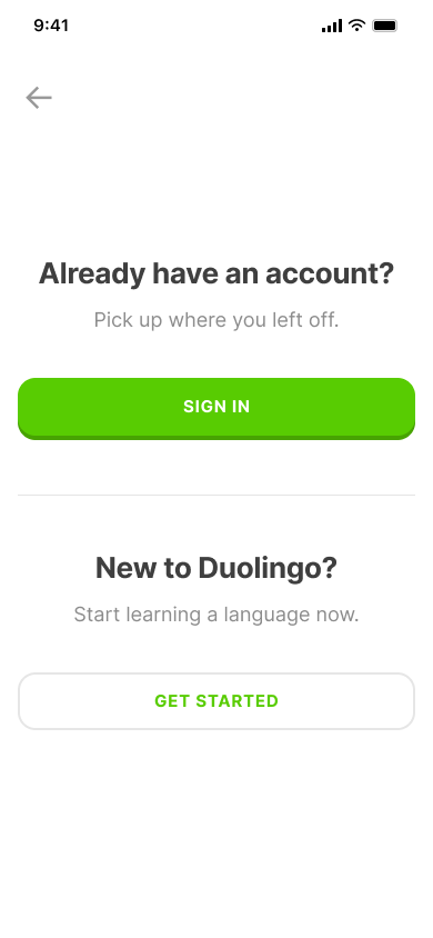 Onboarding to first lesson — step 2, Duolingo (iOS sample screen)