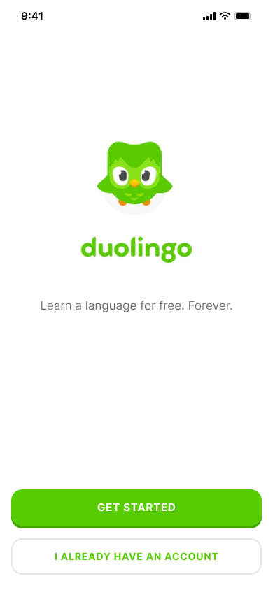 Onboarding to first lesson — step 1, Duolingo (iOS sample screen)