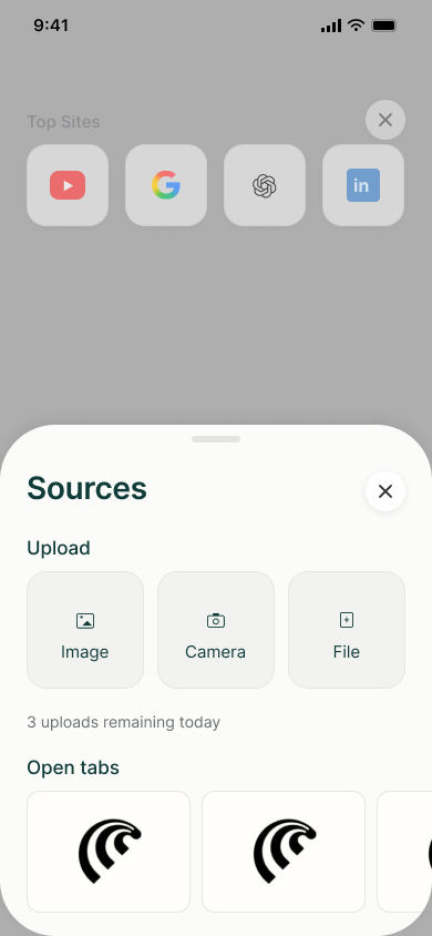 Attach images to a prompt — step 2, Comet (iOS sample screen)