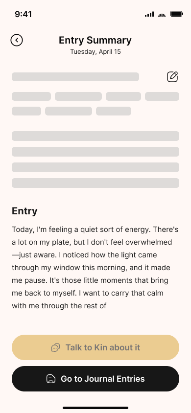Journal and reflect with AI — step 6, Kin (iOS sample screen)
