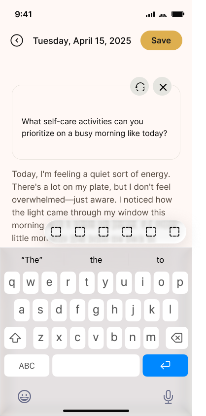 Journal and reflect with AI — step 5, Kin (iOS sample screen)