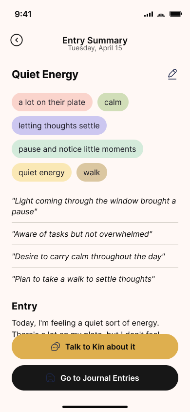 Journal and reflect with AI — step 7, Kin (iOS sample screen)