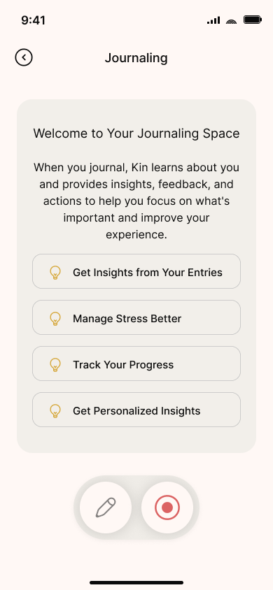 Journal and reflect with AI — step 2, Kin (iOS sample screen)
