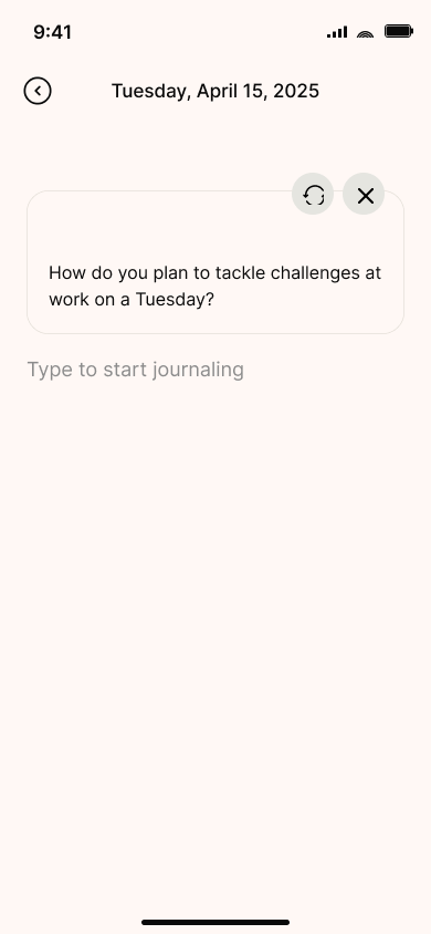 Journal and reflect with AI — step 3, Kin (iOS sample screen)