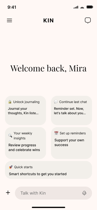 Journal and reflect with AI — step 1, Kin (iOS sample screen)