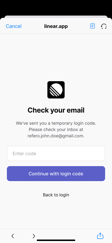 Log in with email code — step 5, Linear (iOS sample screen)