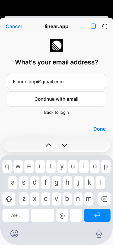 Log in with email code — step 4, Linear (iOS sample screen)