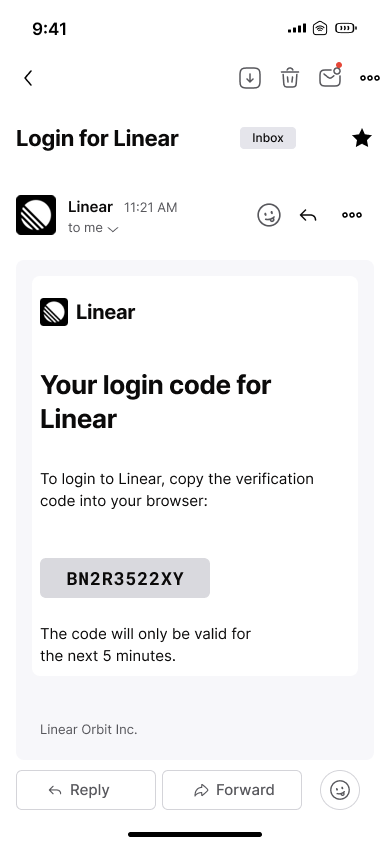 Log in with email code — step 6, Linear (iOS sample screen)