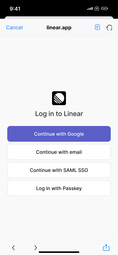 Log in with email code — step 2, Linear (iOS sample screen)